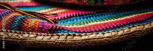 Colorful fabric banner. Mexican rug close up, bright color stripe pattern, Cinco de Mayo. Generative AI © Rawf8