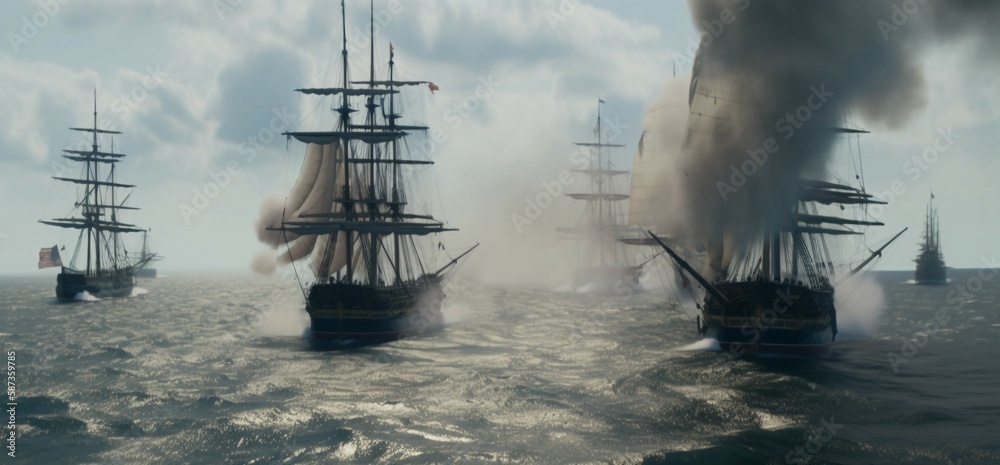 Obraz premium Sailing ship battle in the ocean [AI GENERATIVE]