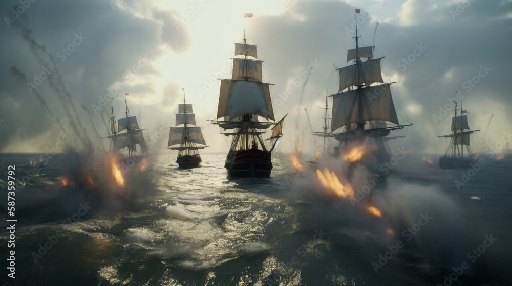 Obraz premium Sailing ship battle in the ocean [AI GENERATIVE]