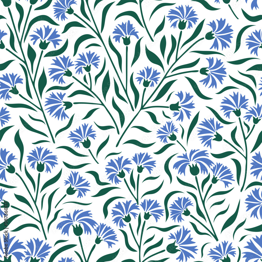Aesthetic contemporary printable seamless pattern with cornflowers. Modern floral background for textile, fabric, wallpaper, wrapping, paper, scrapbook and packaging. Vector naive art print