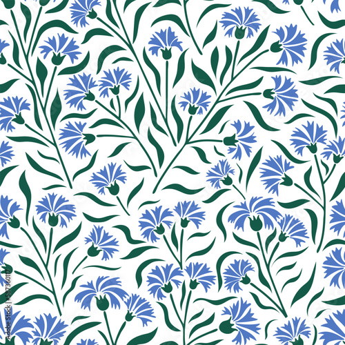 Aesthetic contemporary printable seamless pattern with cornflowers. Modern floral background for textile, fabric, wallpaper, wrapping, paper, scrapbook and packaging. Vector naive art print