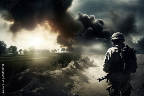 soldier with a rifle, battlefield, on smokes and disaster background. Generative AI