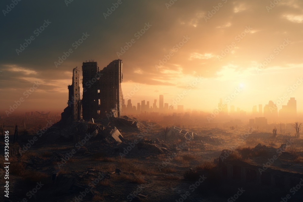 Ruins of a city. Apocalyptic landscape on sunrise Generative AI