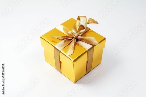 golden gift box with ribbon on a white background Generative AI