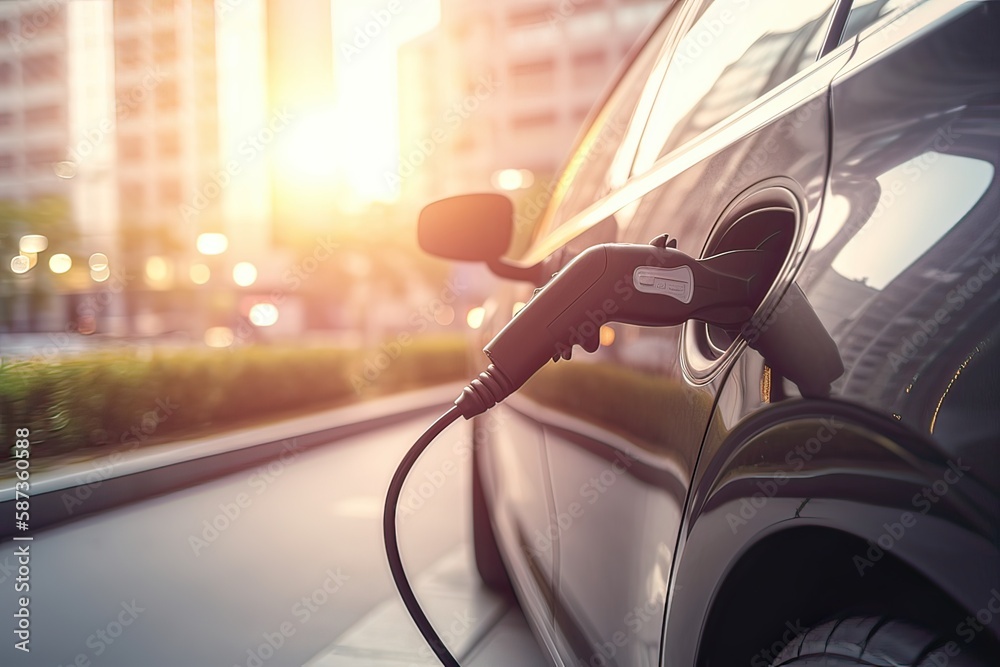 Electric car charger. Electric Vehicle EV Charging station and Charger. Human hand is holding Electric Car Charging connect to Electric car. Generative Ai. Electric car charger. Electric Vehicle EV Charging station and Charger. Human hand is holding Electric Car Charging connect to Electric car. Generative Ai.
