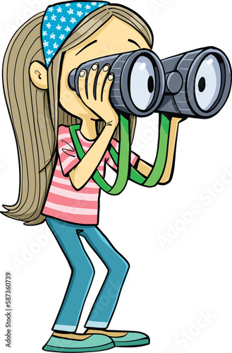 girl with a scarf in her hair looks carefully into the distance with binoculars