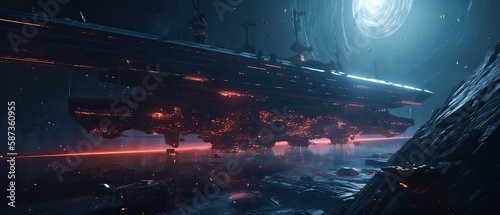 Fototapeta Naklejka Na Ścianę i Meble -  Futuristic sciFi huge battle spaceships. Futuristic sciFi huge battle spaceships concept for futuristic interstellar deep space travel for sci-fi backgrounds. Generative Ai.