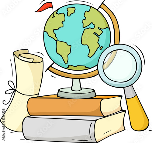 Doodle people, world globe map and books