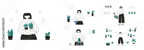 Flat vector illustrations of characters taking care of plants. Love plants. Planting plants. Character in a flower garden. Character plants a cactus. The character waters the plant.