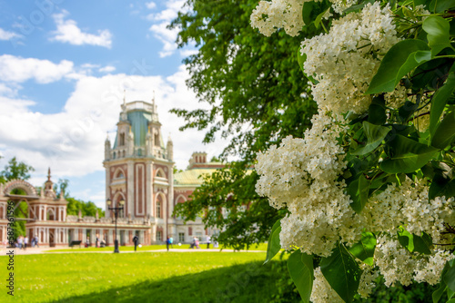 Photography White lilac against the backdrop of the Grand Palace in Tsaritsyno park, Moscow,
