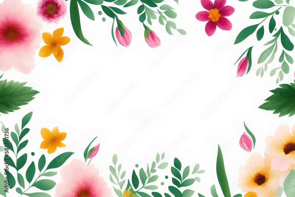 Spring background with pink, yellow flowers, and green leaves for Mother's Day, copy space