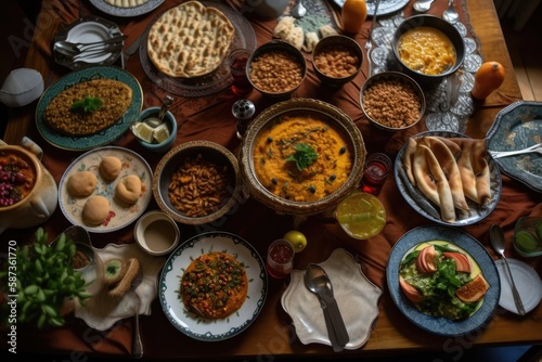 Filling dishes for a Ramadan feast. Generative AI