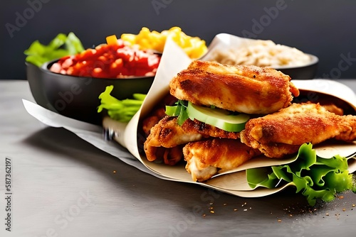 fresh hot chicken tenders wrap roll with flying ingredients and spices hot ready to serve and eat banner with copyspace empty area, generative AI digital illustration