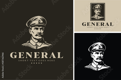 Canvas Print Classic Vintage Mustache Man with Officer Uniform Hat for World War Army General