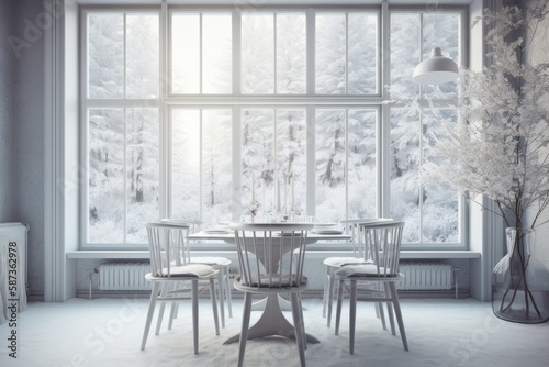 Bright and Airy Dining Space with White Table and Chairs in Front of a Window. Generative AI