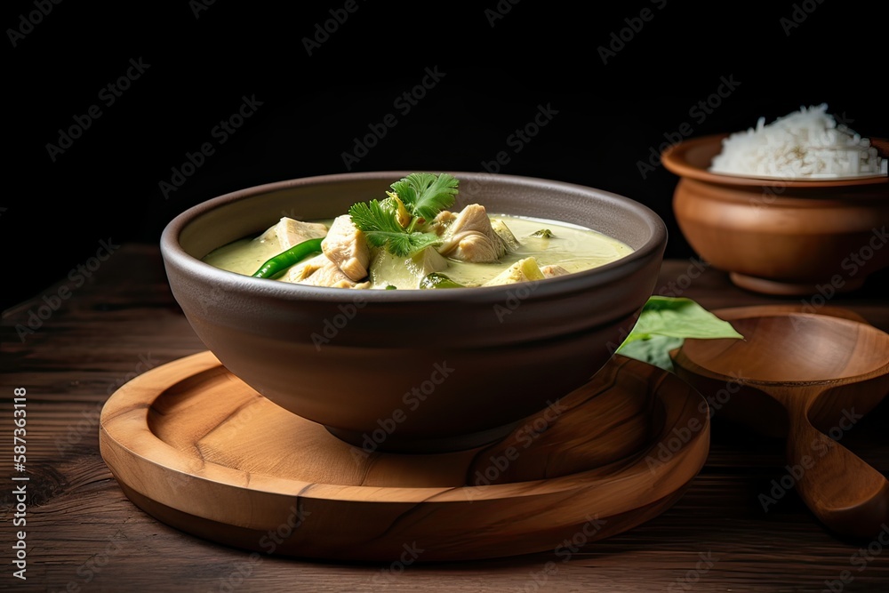 Green curry (Kaeng kheiyw hwan) with Thai food for steamed rice or rice noodles. Thai food very popular. Generative Ai.