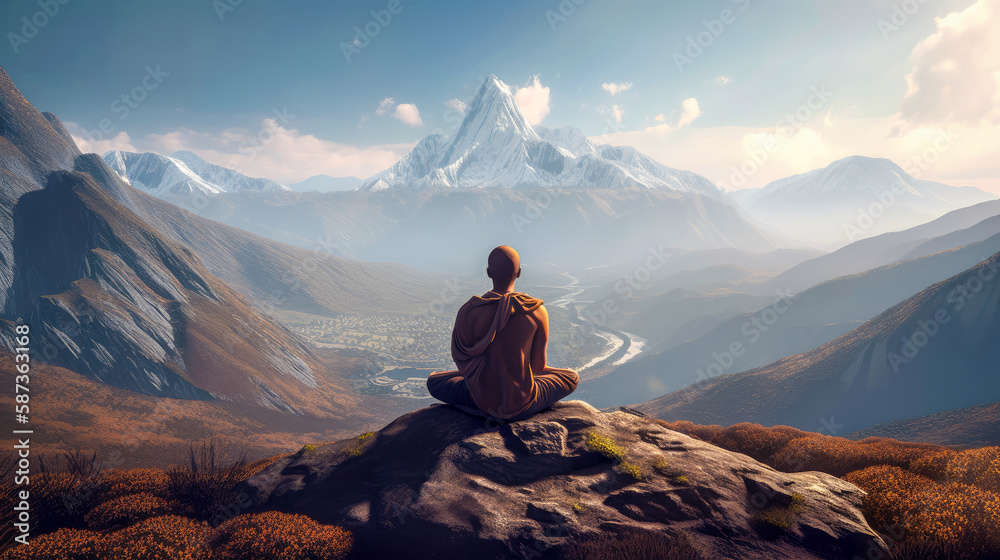 A monk sits in a lotus position overlooking the mountains and meditates. Serenity and yoga practicing, meditation at mountain range. Generative Ai A monk sits in a lotus position overlooking the mountains and meditates. Serenity and yoga practicing, meditation at mountain range. Generative Ai