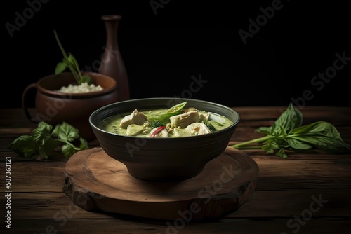 Green curry (Kaeng kheiyw hwan) with Thai food for steamed rice or rice noodles. Thai food very popular. Generative Ai. photo