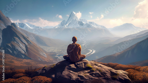A monk sits in a lotus position overlooking the mountains and meditates. Serenity and yoga practicing, meditation at mountain range. Generative Ai © Bulat