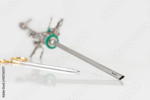 Closeup of Reusable Laparoscopic Surgical Tool on White Background. Product photography of surgical tools. 