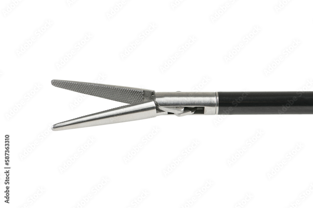 Closeup of Reusable Laparoscopic Surgical Tool on White Background. Product photography of surgical tools.. Grip surgical forceps, close-up Closeup of Reusable Laparoscopic Surgical Tool on White Background. Product photography of surgical tools.. Grip surgical forceps, close-up