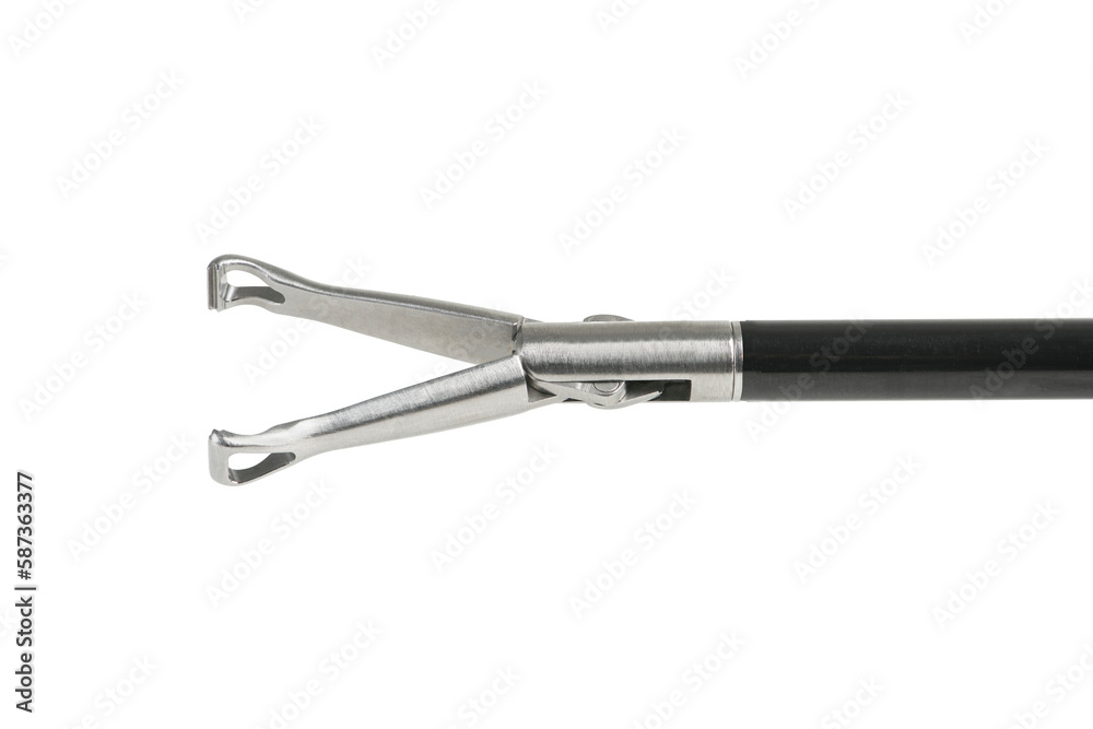 Closeup of Reusable Laparoscopic Surgical Tool on White Background. Product photography of surgical tools.. Grip surgical forceps, close-up Closeup of Reusable Laparoscopic Surgical Tool on White Background. Product photography of surgical tools.. Grip surgical forceps, close-up