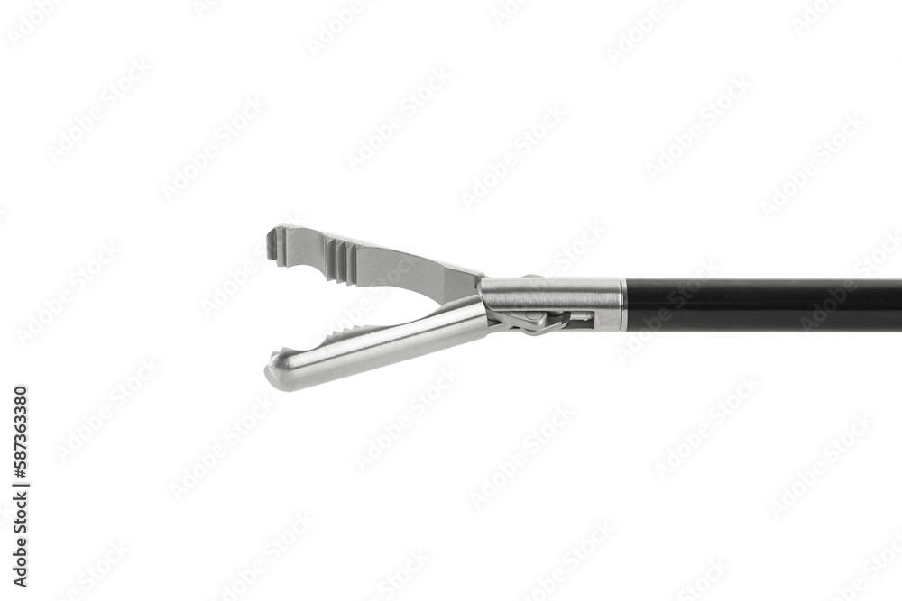 Closeup of Reusable Laparoscopic Surgical Tool on White Background. Product photography of surgical tools.. Grip surgical forceps, close-up Closeup of Reusable Laparoscopic Surgical Tool on White Background. Product photography of surgical tools.. Grip surgical forceps, close-up