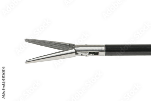 Closeup of Reusable Laparoscopic Surgical Tool on White Background. Product photography of surgical tools.. Grip surgical forceps, close-up