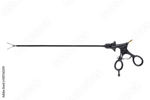 Closeup of Reusable Laparoscopic Surgical Tool on White Background. Product photography of surgical tools.  photo