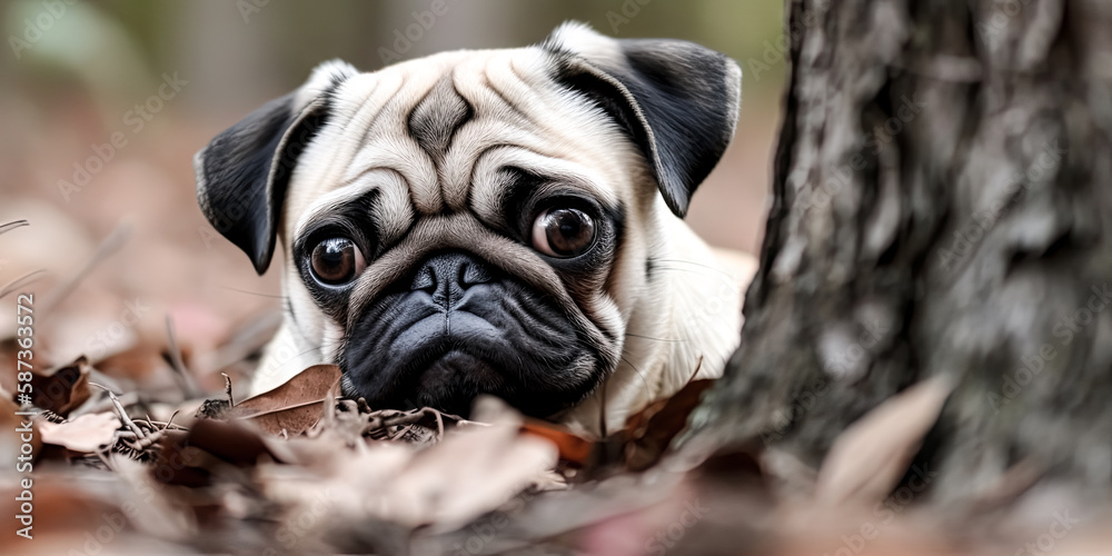 Cute pug pup stares at the camera, its brown eyes wide and curious, its fur soft and fluffy - generative ai.