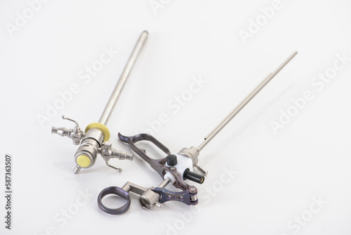 Closeup of Reusable Laparoscopic Surgical Tool on White Background. Product photography of surgical tools. 