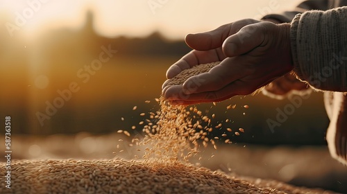 The hands of a farmer close up pour a handful of wheat grains in a wheat field. Generative Ai.
