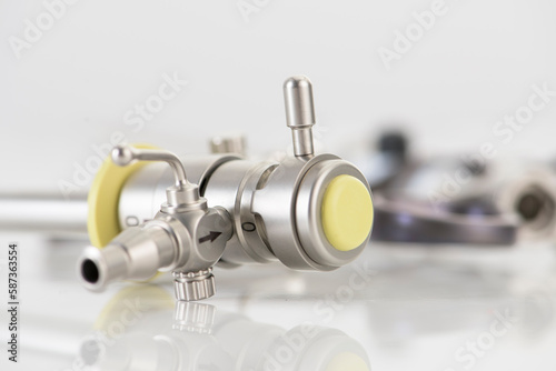 Closeup of Reusable Laparoscopic Surgical Tool on White Background. Product photography of surgical tools. 