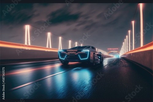 Cyber neon driving green power sport car with hybrid technology automotive. Concept of light glowing on dark city view in night life. Finest generative AI.