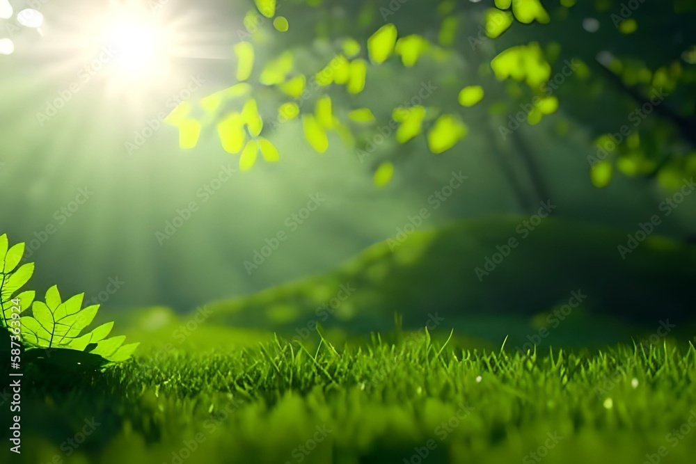 Obraz premium green fresh leaves with nature background, forest landspace, bright nature, plant, generative, ai, generative ai