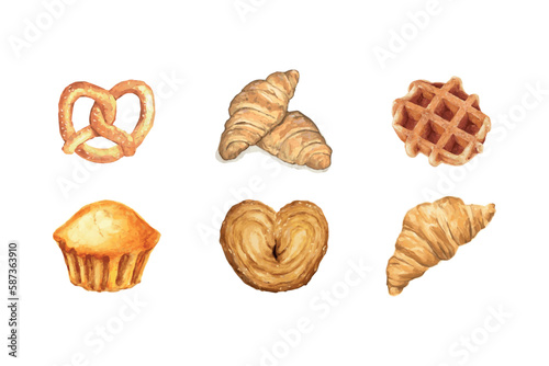 illustration of a set of cookies. 
vector illustration. watercolor pastry. pretzel, cupcake, waffle, croissant. icon set. bakery product. sweetness. dessert. food. collection
