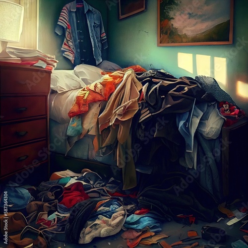 Clothes scattered around the bed, people are not visible, created with generative ai