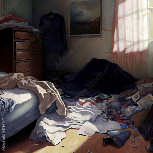 Clothes scattered around the bed, people are not visible, created with generative ai