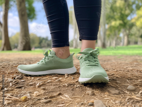 A Woman s Feet in a Park Wearing Sustainable Sneakers   Generative AI