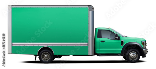 Modern american full blue green color delivery truck side view isolated on white background.