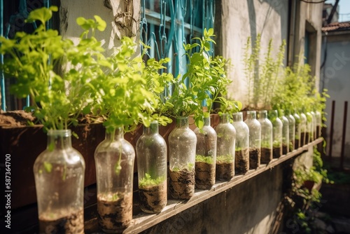 Small plants growing from recycles glass and plastic bottles, balcony. DIY sustainable home gardening. Generative AI