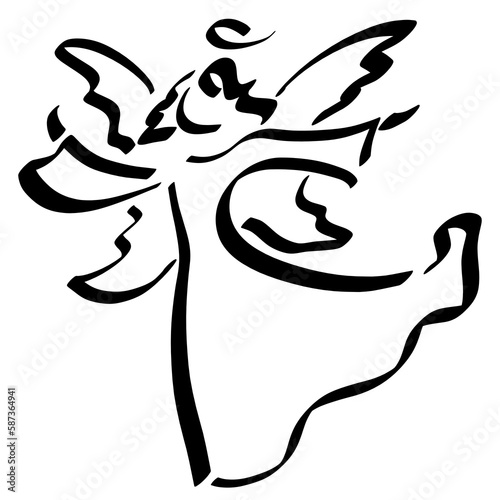 flying angel with wings and a halo above his head, calls or heralds, abstract black outline on a white background
