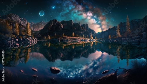 Beautiful Starry Night with Sky Cloud and Dust above Mountain Reflection on the Lake AI Generated Image