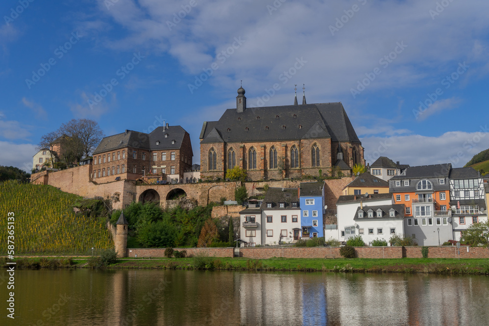 View to the german city called Saarburg with church St. Laurentius