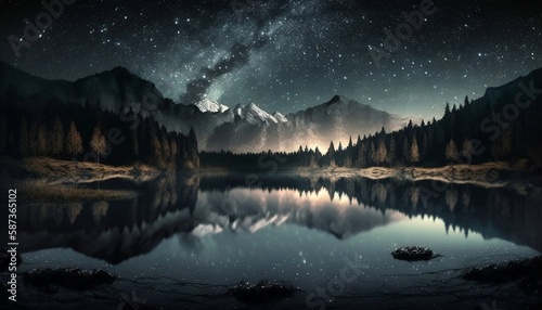 Beautiful Starry Night with Sky Cloud and Dust above Mountain Reflection on the Lake AI Generated Image © kejardolar
