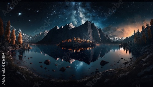 Beautiful Starry Night with Sky Cloud and Dust above Mountain Reflection on the Lake AI Generated Image