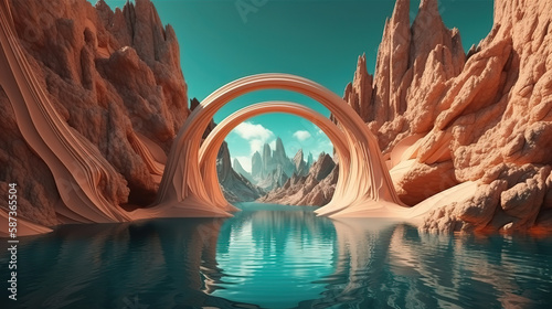 mirror arches. Fantastic landscape wallpaper, Bright color. Generative Ai