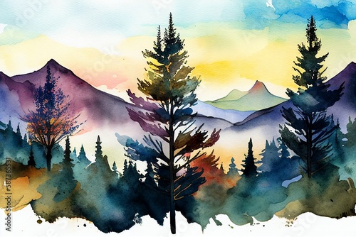 Watercolor illustration. Mountain views trees sky,Generative AI
