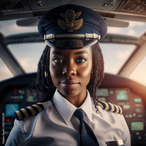 Black Female Woman Commercial Passenger Jet Airplane Pilot Fictional Generative AI