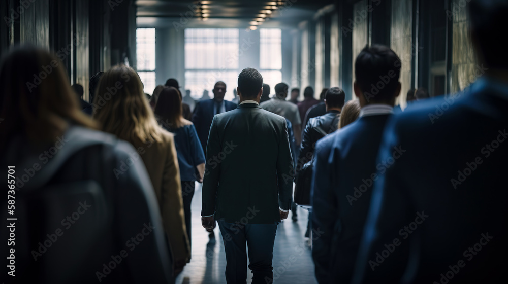 Business people walking from the job in busy city street. Elegant businessman in the people crowd walking. Generative Ai illustration